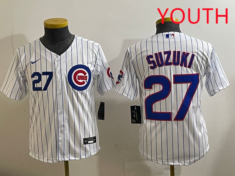 Youth 2025 Chicago Cubs #27 Suzuki White Stripe Game Nike MLB Jersey style 4->youth mlb jersey->Youth Jersey